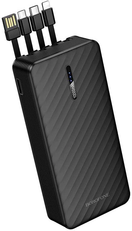 „Borofone“ išorinė baterija 20000mAh BJ84A Smooth – USB – su USB, C tipo, „Lightning“ ir „Micro USB“ laidais, juodos spalvos