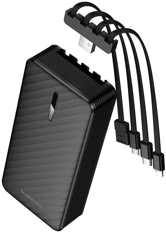 „Borofone“ išorinė baterija 20000mAh BJ84A Smooth – USB – su USB, C tipo, „Lightning“ ir „Micro USB“ laidais, juodos spalvos
