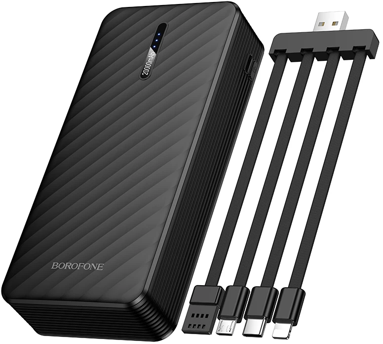 „Borofone“ išorinė baterija 20000mAh BJ84A Smooth – USB – su USB, C tipo, „Lightning“ ir „Micro USB“ laidais, juodos spalvos