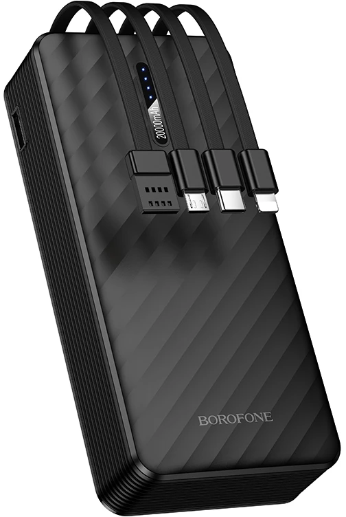 „Borofone“ išorinė baterija 20000mAh BJ84A Smooth – USB – su USB, C tipo, „Lightning“ ir „Micro USB“ laidais, juodos spalvos