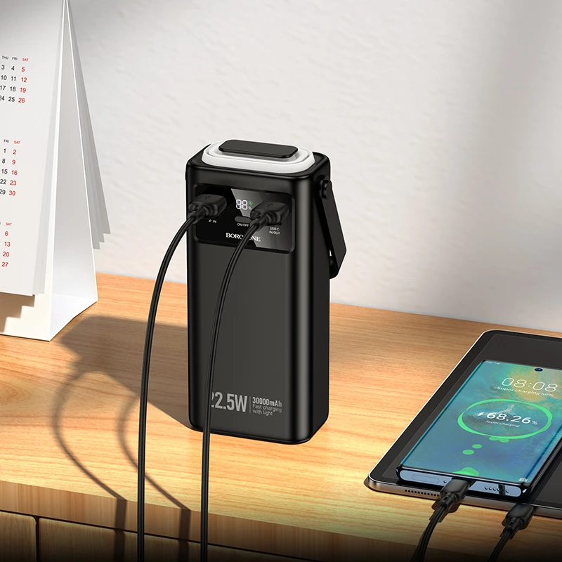 „Borofone“ išorinė baterija 30000mAh BJ65 High – 2xUSB + C tipo – QC 3.0 22,5W + PD 20W su USB, C tipo, „Lightning“ ir micro USB jungtimis, juodos spalvos