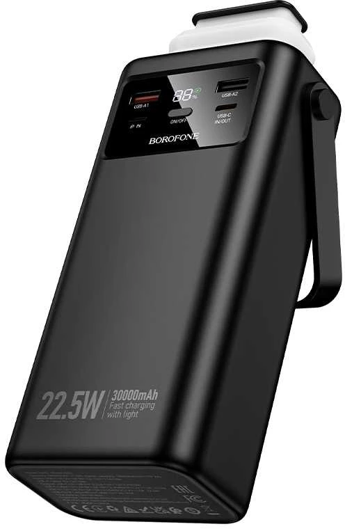 „Borofone“ išorinė baterija 30000mAh BJ65 High – 2xUSB + C tipo – QC 3.0 22,5W + PD 20W su USB, C tipo, „Lightning“ ir micro USB jungtimis, juodos spalvos