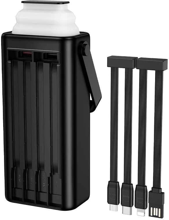 „Borofone“ išorinė baterija 30000mAh BJ65 High – 2xUSB + C tipo – QC 3.0 22,5W + PD 20W su USB, C tipo, „Lightning“ ir micro USB jungtimis, juodos spalvos