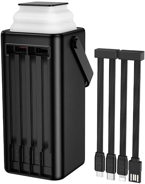 „Borofone“ išorinė baterija 50000mAh BJ65A High – 2xUSB + C tipo – QC 3.0 22,5W + PD 20W su USB, C tipo, „Lightning“ ir micro USB jungtimis, juodos spalvos