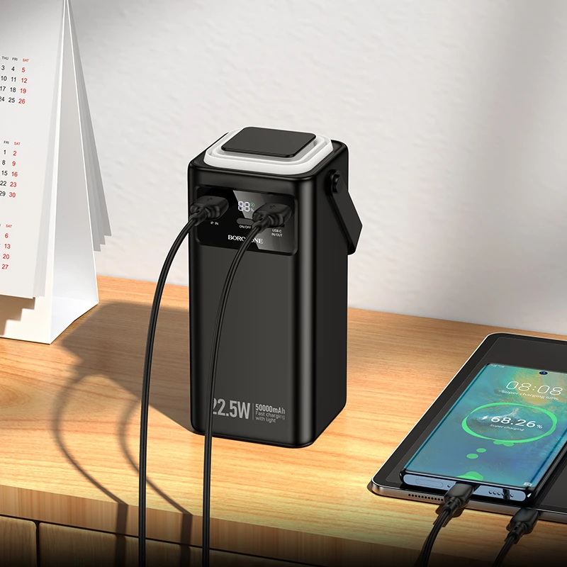 „Borofone“ išorinė baterija 50000mAh BJ65A High – 2xUSB + C tipo – QC 3.0 22,5W + PD 20W su USB, C tipo, „Lightning“ ir micro USB jungtimis, juodos spalvos