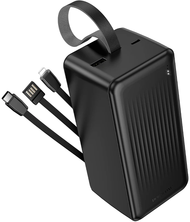 „Borofone“ išorinė baterija 50000mAh BJ79C „Clever“ – USB – su USB, C tipo ir „Lightning“ laidais, juodos spalvos