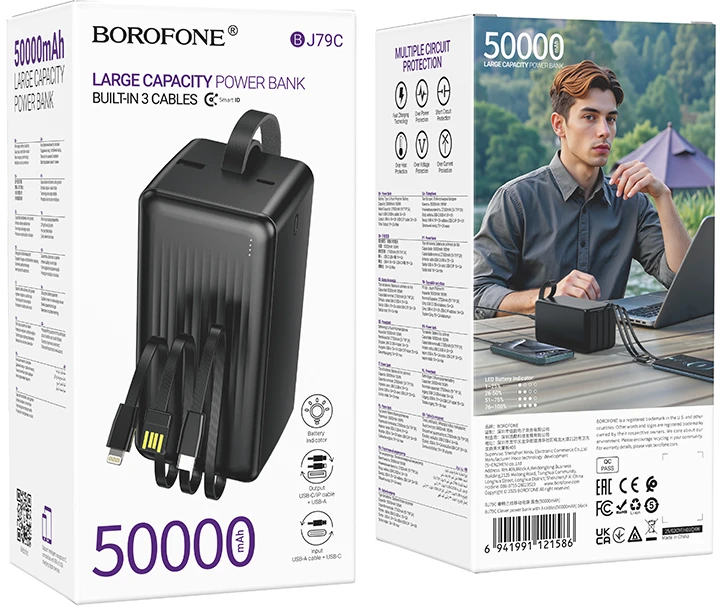 „Borofone“ išorinė baterija 50000mAh BJ79C „Clever“ – USB – su USB, C tipo ir „Lightning“ laidais, juodos spalvos