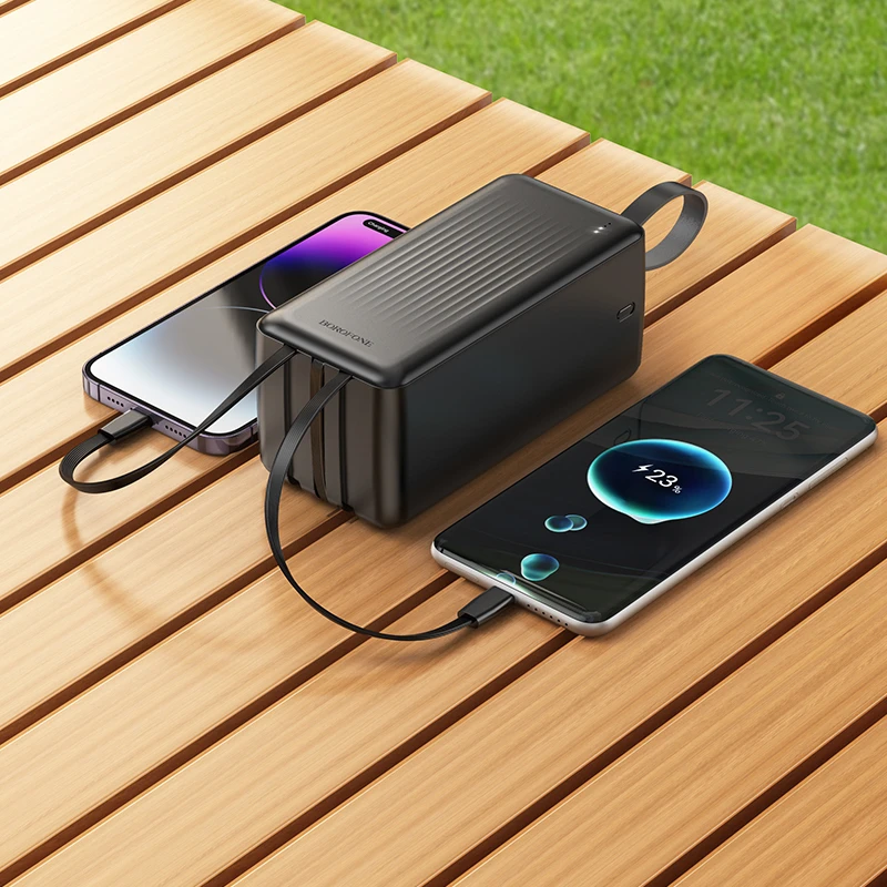 „Borofone“ išorinė baterija 50000mAh BJ79C „Clever“ – USB – su USB, C tipo ir „Lightning“ laidais, juodos spalvos