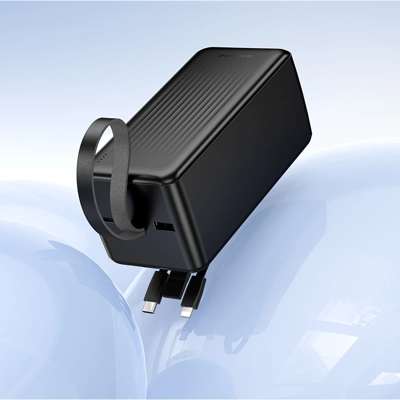 „Borofone“ išorinė baterija 50000mAh BJ79C „Clever“ – USB – su USB, C tipo ir „Lightning“ laidais, juodos spalvos