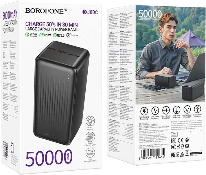 Borofone Power Bank 50000mAh BJ80C Clever – 2xUSB + Type C – QC 3.0 22,5W PD 20W juodos spalvos
