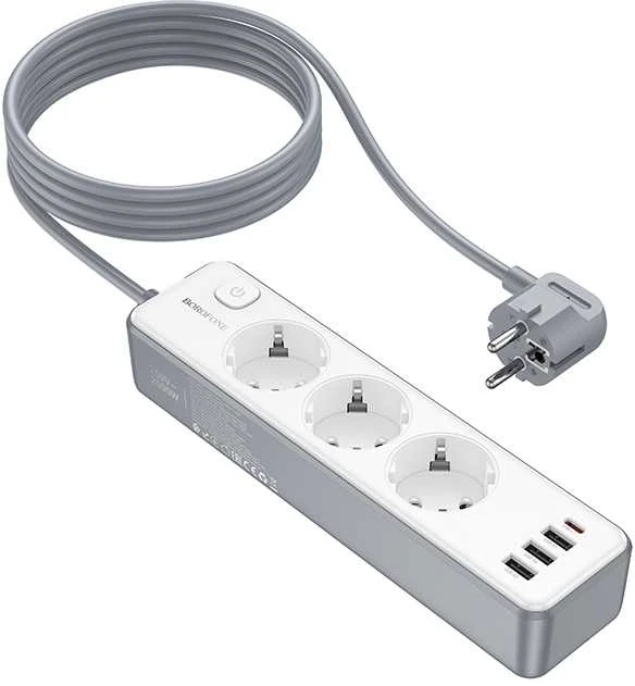 „Borofone“ BAC9 maitinimo lizdas – 3 lizdai 240 V + 3 USB + C tipo – PD 20 W, 2 metrai, juodas