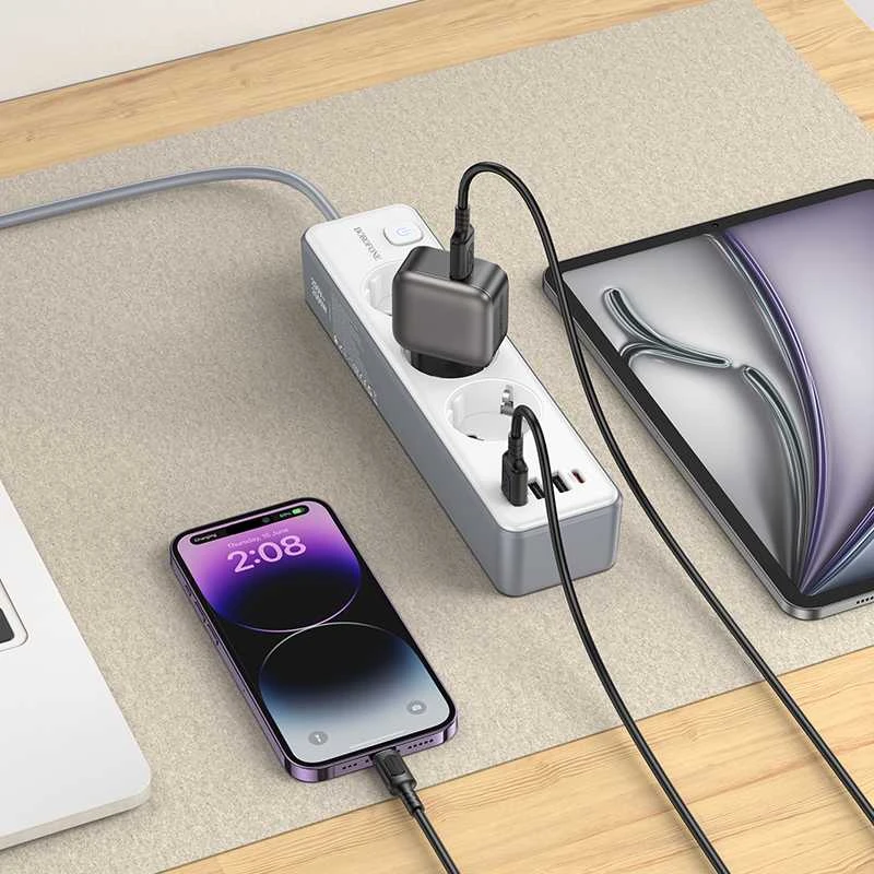 „Borofone“ BAC9 maitinimo lizdas – 3 lizdai 240 V + 3 USB + C tipo – PD 20 W, 2 metrai, juodas
