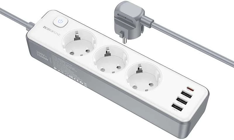 „Borofone“ BAC9 maitinimo lizdas – 3 lizdai 240 V + 3 USB + C tipo – PD 20 W, 2 metrai, juodas