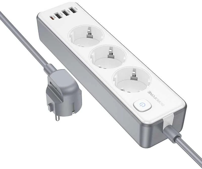 „Borofone“ BAC9 maitinimo lizdas – 3 lizdai 240 V + 3 USB + C tipo – PD 20 W, 2 metrai, juodas