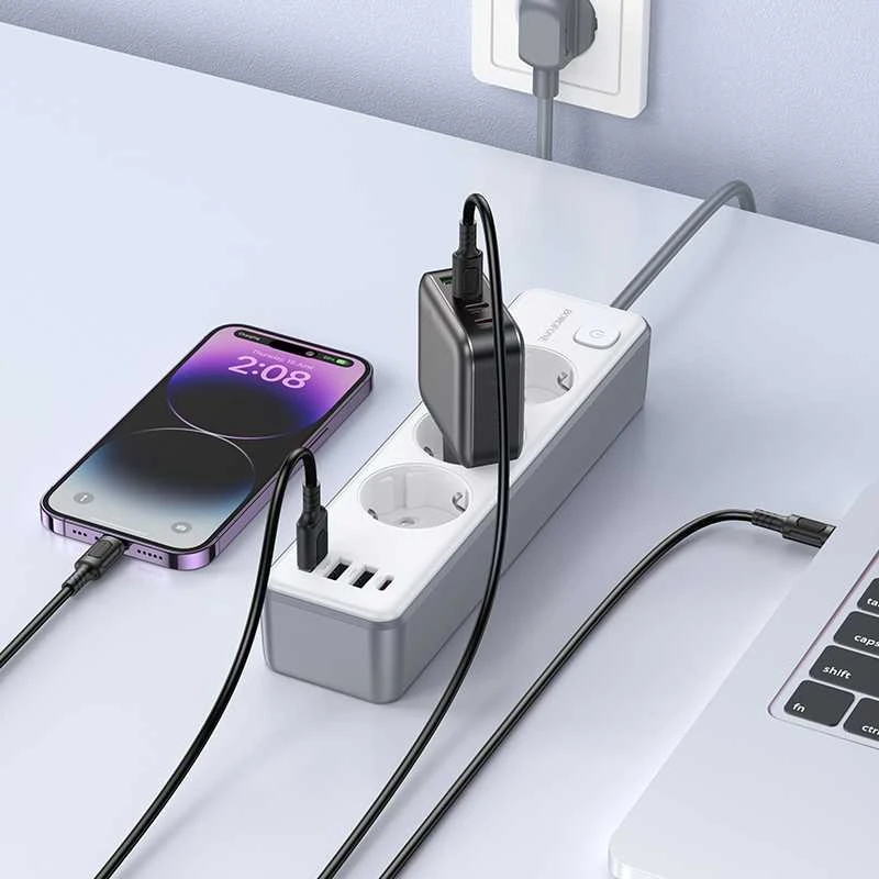 „Borofone“ BAC9 maitinimo lizdas – 3 lizdai 240 V + 3 USB + C tipo – PD 20 W, 2 metrai, juodas