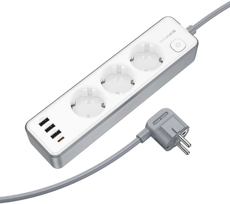 „Borofone“ BAC9 maitinimo lizdas – 3 lizdai 240 V + 3 USB + C tipo – PD 20 W, 2 metrai, juodas