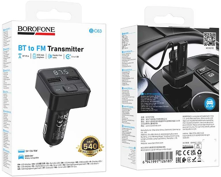 Borofone Transmitter FM BC63 Selecto MP3, Bluetooth – 2xUSB – juodos spalvos