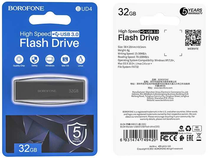 Borofone USB atmintukas BUD4 Wonder USB 3.0 32GB