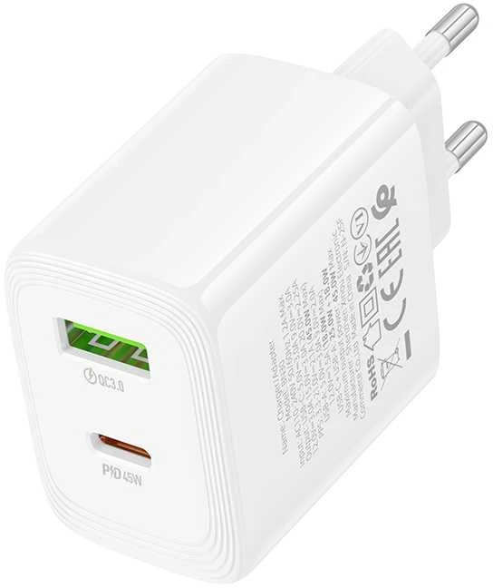 „Borofone“ sieninis įkroviklis BN30, GaN įkroviklis – USB + C tipo – QC 3.0 PD 45W, baltas