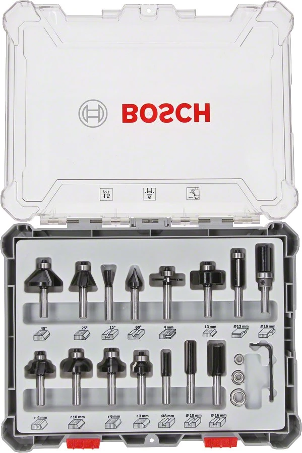 Bosch 15 daliu frezų kompl. 6 mm kotu, "Mixed"