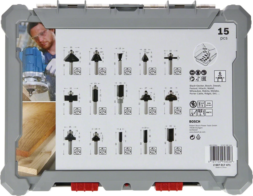 Bosch 15 daliu frezų kompl. 6 mm kotu, "Mixed"