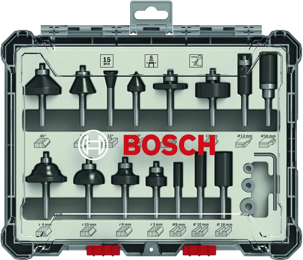 Bosch 15 daliu frezų kompl. 6 mm kotu, "Mixed"