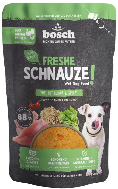 BOSCH Freshe Schnauze su kalakutiena, bolivinėmis balandomis ir špinatais – drėgnas pašaras šunims – 250g