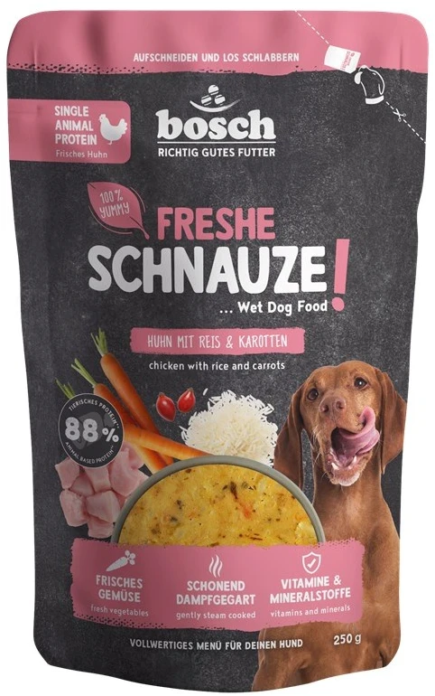 BOSCH Freshe Schnauze su vištiena, ryžiais ir morkomis mono – drėgnas pašaras šunims – 250g