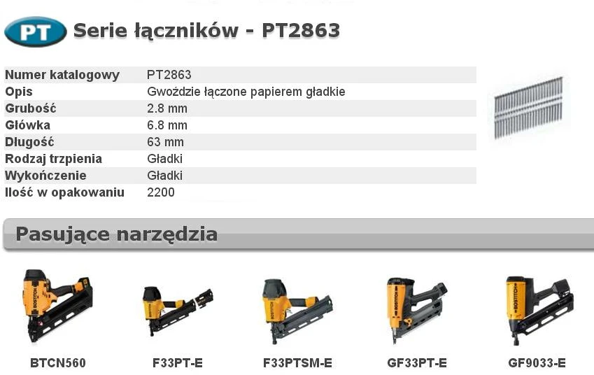 Vinys Bostitch PT2863; 34°; 63 mm; 2200 vnt.