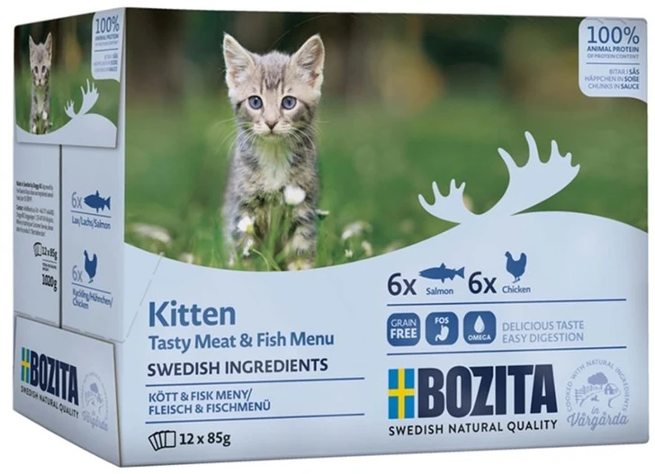 BOZITA Kitten box Mėsos ir žuvies gabaliukai padaže – šlapias pašaras kačiukui – 12x85g
