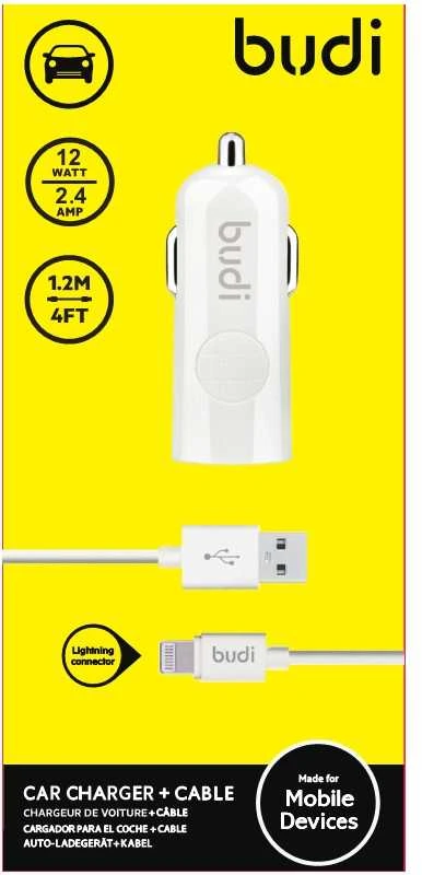 Budi - 1 USB automobilinis įkroviklis su LED indicator+lightning cable