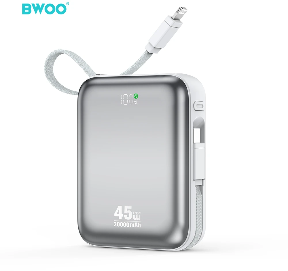 BWOO 20000mAh greitojo įkrovimo išorinė baterija PD45W su 2 laidais Type C ir Lightning P78 sidabrinė
