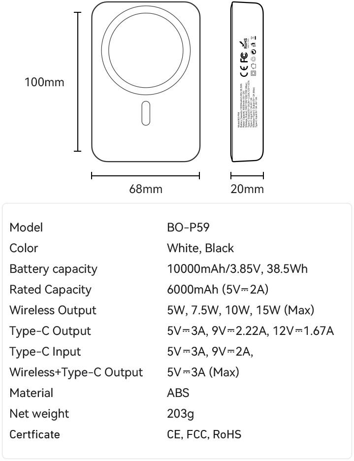 BWOO 20W 10000 mAh išorinė baterija, balta