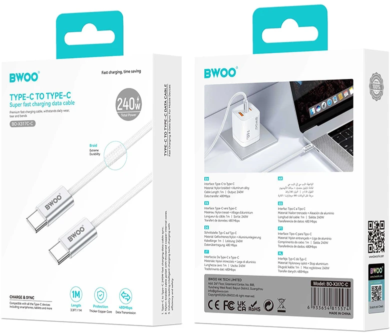 BWOO 240W pintas laidas USB-C – USB-C BO-X317C-C 1m baltas