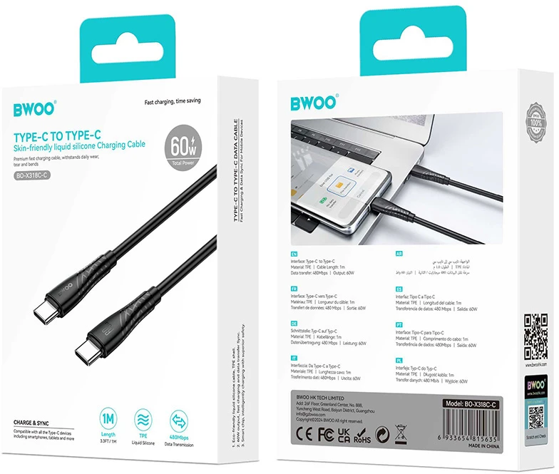 BWOO 60W laidas USB-C – USB-C BO-X318 1m juodas