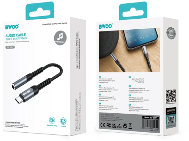BWOO garso adapterio kabelis BZ47 aux 3,5 mm į USB-C juodas