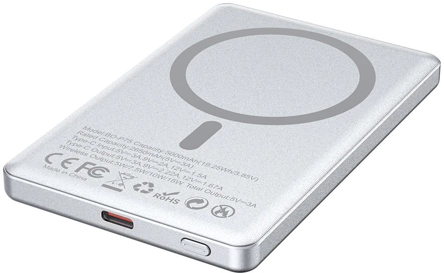 BWOO aliumininė magnetinė išorinė baterija P75 PD 20W 5000 mAh su skaitmeniniu ekranu ir USB-C jungtimi, sidabrinė