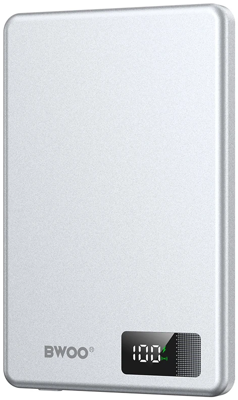 BWOO aliumininė magnetinė išorinė baterija P75 PD 20W 5000 mAh su skaitmeniniu ekranu ir USB-C jungtimi, sidabrinė