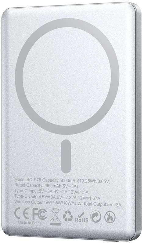 BWOO aliumininė magnetinė išorinė baterija P75 PD 20W 5000 mAh su skaitmeniniu ekranu ir USB-C jungtimi, sidabrinė