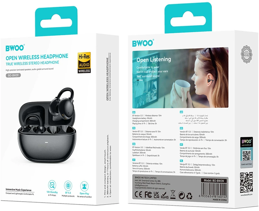 BWOO Bluetooth ausinės BW39 TWS bėgimui, juodos