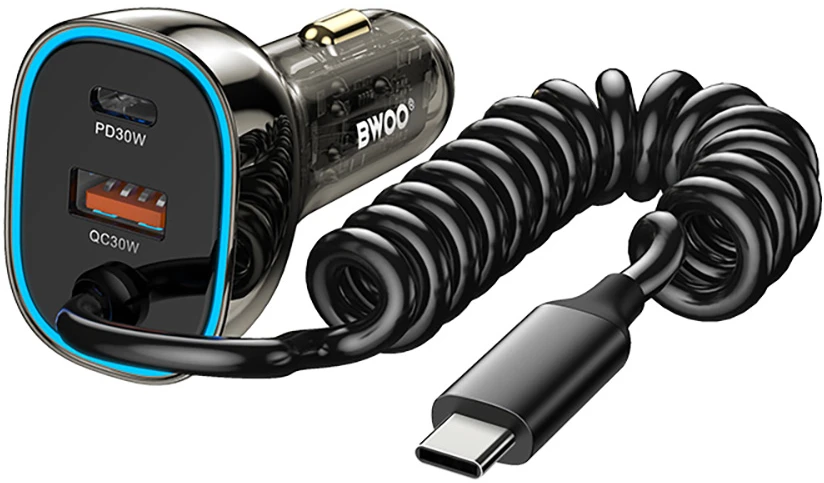 Įkroviklis automobilinis Bwoo (CC96C) (1xUSB, 1xUSB-C 30W) su USB-C laidu juodas