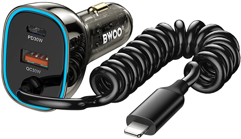Įkroviklis automobilinis Bwoo (CC96L) (1xUSB, 1xUSB-C 30W) su lightning laidu juodas