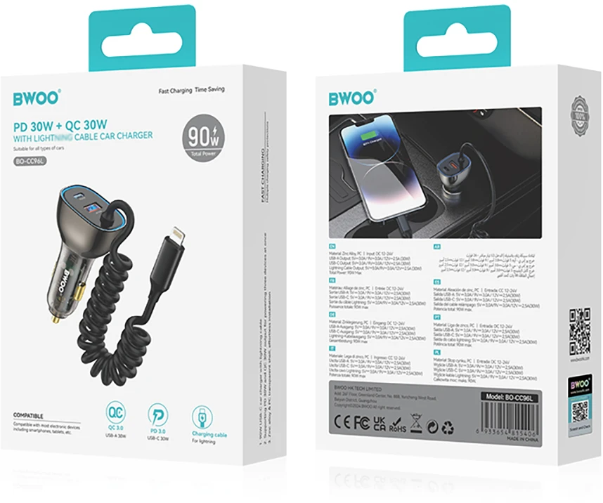 Įkroviklis automobilinis Bwoo (CC96L) (1xUSB, 1xUSB-C 30W) su lightning laidu juodas