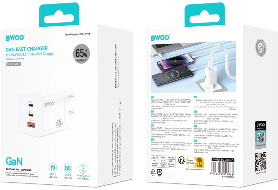 BWOO Greitas 65 W GaN kelioninis įkroviklis CDA147 2 x USB-C, 1 x USB-A