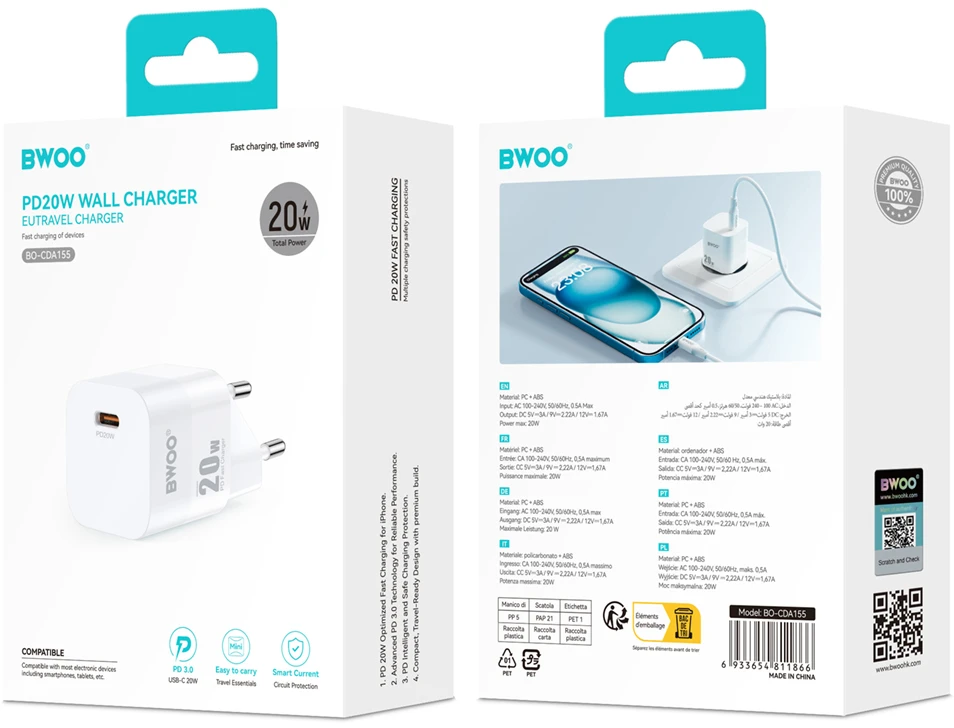 Bwoo 20 W mini sieninis įkroviklis CDA155 USB-C