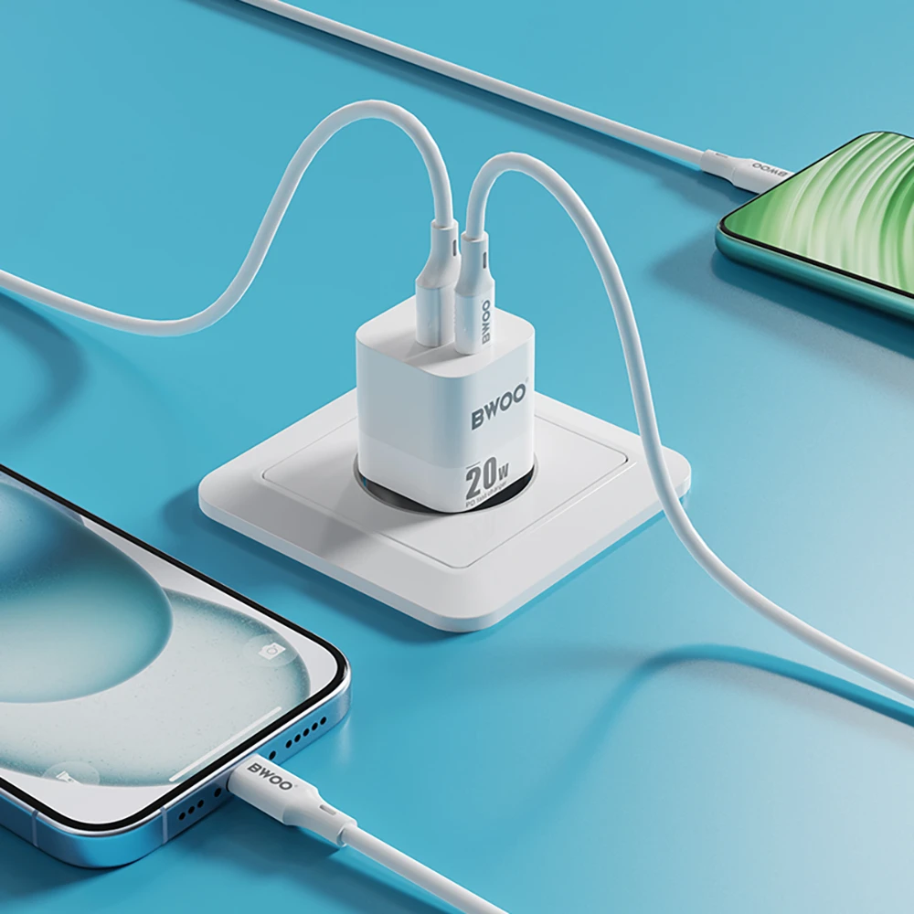 BWOO CDA156 PD sieninis įkroviklis 1x USB-C 1x USB 20W baltas