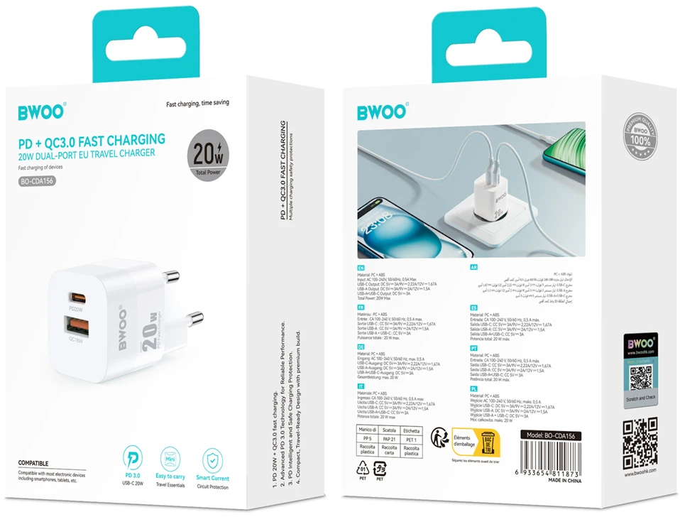 BWOO CDA156 PD sieninis įkroviklis 1x USB-C 1x USB 20W baltas