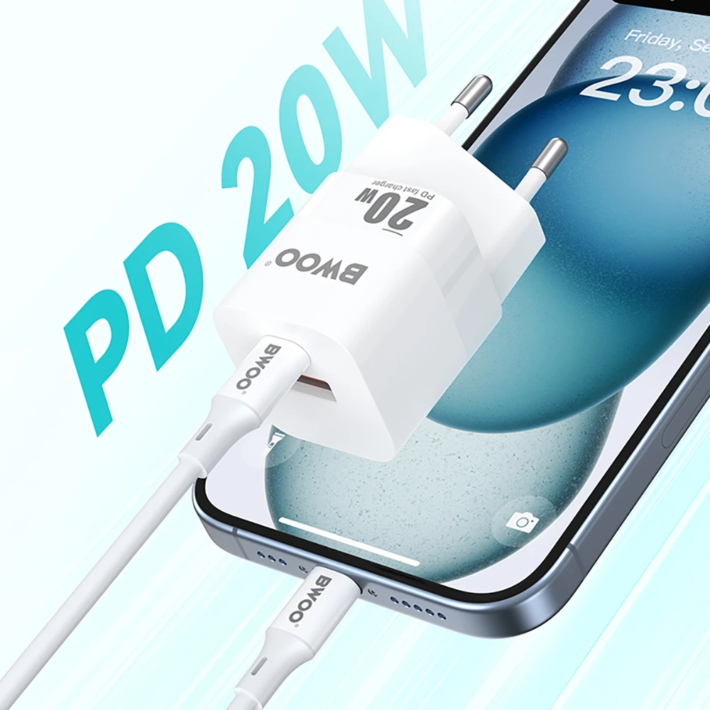 BWOO CDA156 PD sieninis įkroviklis 1x USB-C 1x USB 20W baltas