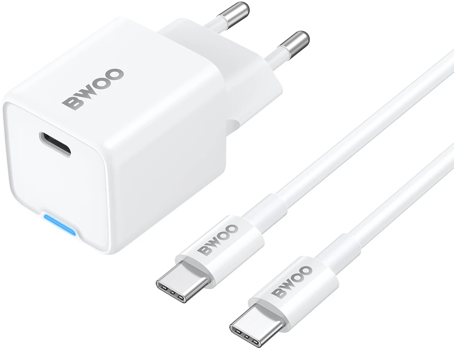 BWOO GaN PD 30W sieninis įkroviklis 1x USB-C jungtis su 60W USB-C 2A laidu, baltas