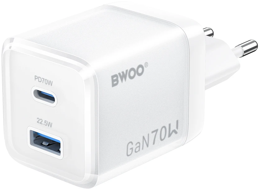 BWOO GaN sieninis įkroviklis CDA224 QC 70W 1 x USB 1 x USB-C, baltas